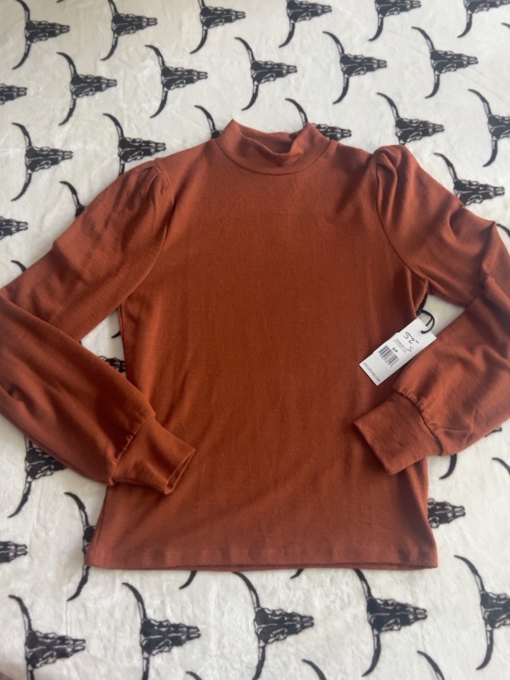 NWT Dex Rust Mock Neck Puff Sleeve Long Sleeve Top Size S